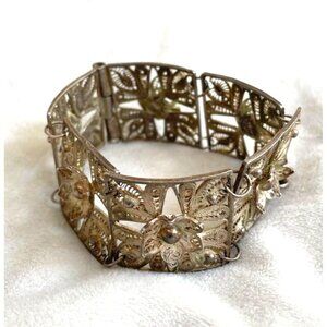 Sterling Silver Vintage Artisan Filigree Flower Accent Bracelet